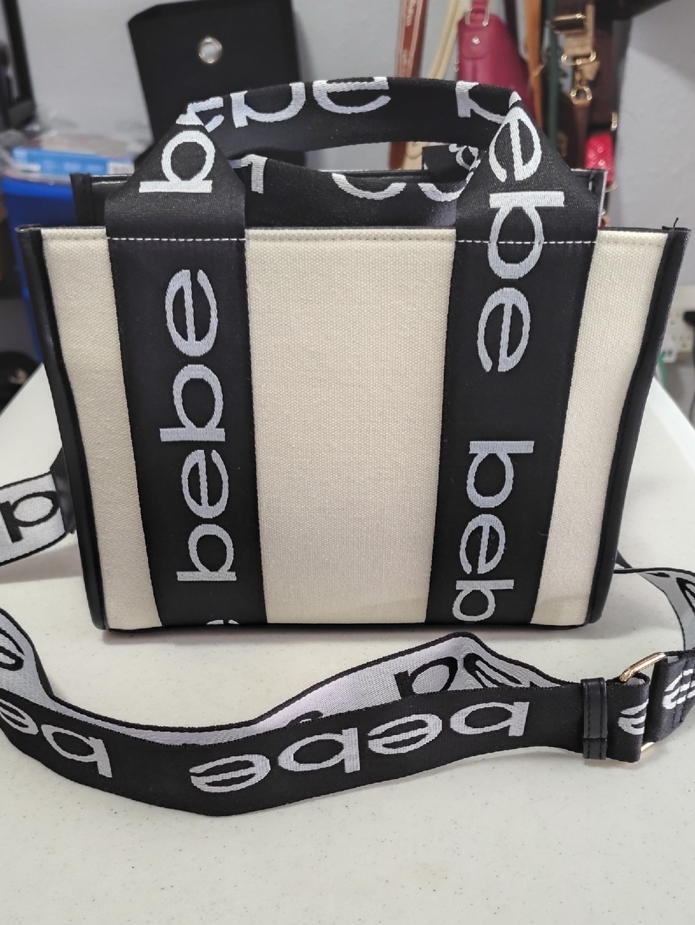 Brand New Bebe Black & Cream Canvas Logo Tote